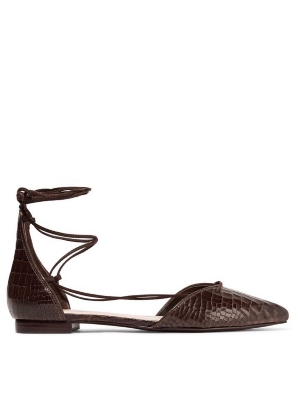 SCHUTZ Brown Croc-Embossed Pointed Lace-Up Flats